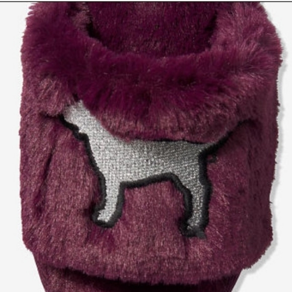 PINK Victoria's secret VS Burgundy Fur Cozy Slippers NWT Large 10 - Picture 5 of 11